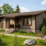 Проект дома «К-80» из СИП-панелей, 80 м² — одноэтажный дом с деревянным фасадом, коричневой крышей и крыльцом | HotWell.KZ