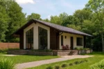 Проект дома «К-80Б» из СИП-панелей, 80 м² — одноэтажный дом с белым фасадом, коричневой крышей и панорамными окнами | HotWell.KZ