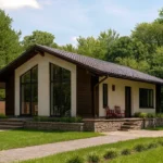 Проект дома «К-80Б» из СИП-панелей, 80 м² — одноэтажный дом с белым фасадом, коричневой крышей и панорамными окнами | HotWell.KZ