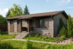 Проект дома «К-82» из СИП-панелей, 82 м² — одноэтажный дом с деревянным фасадом, коричневой крышей и крыльцом | HotWell.KZ