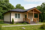 Проект дома «К-82В» из СИП-панелей, 82 м² — одноэтажный дом с бежевым фасадом, черной крышей и крытым крыльцом | HotWell.KZ