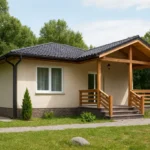 Проект дома «К-82В» из СИП-панелей, 82 м² — одноэтажный дом с бежевым фасадом, черной крышей и крытым крыльцом | HotWell.KZ