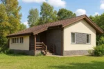 Проект дома «К-84» из СИП-панелей, 84 м² — одноэтажный дом с бежевым фасадом, коричневой крышей и крыльцом | HotWell.KZ
