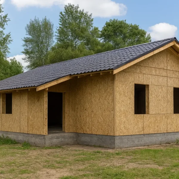 Дом «К-84», 84 м², 1 этаж, в черновой отделке: коробка из СИП-панелей OSB-3, двускатная кровля из металлочерепицы, проёмы без окон и дверей
