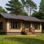 Проект дома «К-93» из СИП-панелей, 93 м² — одноэтажный дом с деревянным фасадом, темной крышей и крыльцом | HotWell.KZ