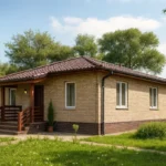 Проект дома «К-93Б» из СИП-панелей, 93 м² — одноэтажный дом с бежевым фасадом, коричневой крышей и крытым крыльцом | HotWell.KZ