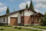Проект дома «К-98» из СИП-панелей, 98 м² — одноэтажный дом с белым и кирпичным фасадом, серой крышей и гаражом | HotWell.KZ