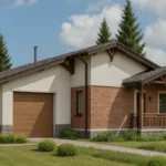 Проект дома «К-98» из СИП-панелей, 98 м² — одноэтажный дом с белым и кирпичным фасадом, серой крышей и гаражом | HotWell.KZ