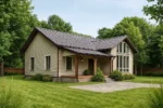 Проект дома «К-98Б» из СИП-панелей, 98 м² — одноэтажный дом с бежевым фасадом, серой крышей и панорамными окнами | HotWell.KZ