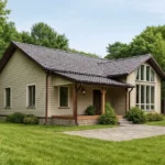 Проект дома «К-98Б» из СИП-панелей, 98 м² — одноэтажный дом с бежевым фасадом, серой крышей и панорамными окнами | HotWell.KZ