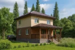 Проект дома «К-98В» из СИП-панелей, 98 м² — двухэтажный дом с бежевым и коричневым фасадом, коричневой крышей и крытым крыльцом | HotWell.KZ