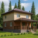 Проект дома «К-98В» из СИП-панелей, 98 м² — двухэтажный дом с бежевым и коричневым фасадом, коричневой крышей и крытым крыльцом | HotWell.KZ