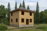 Дом «К-98В», 98 м², 2 этажа, в черновой отделке: коробка из СИП-панелей OSB-3, вальмовая кровля из металлочерепицы, проёмы без окон и дверей, в проёмах видны сосновые балки перекрытия