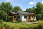 Проект дома «К-99» из СИП-панелей, 99 м² — одноэтажный дом с белым фасадом, серой крышей и террасой | HotWell.KZ