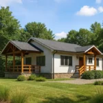Проект дома «К-99» из СИП-панелей, 99 м² — одноэтажный дом с белым фасадом, серой крышей и террасой | HotWell.KZ