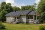 Проект дома «Л-100» из СИП-панелей, 100 м² — одноэтажный дом с серым фасадом, черной крышей и крытой террасой | HotWell.KZ
