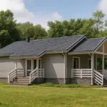Проект дома «Л-100» из СИП-панелей, 100 м² — одноэтажный дом с серым фасадом, черной крышей и крытой террасой | HotWell.KZ