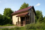 Проект дома «Л-105» из СИП-панелей, 105 м² — двухэтажный дом с бежевым фасадом, красной крышей и крытым крыльцом | HotWell.KZ