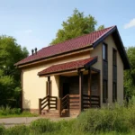 Проект дома «Л-105» из СИП-панелей, 105 м² — двухэтажный дом с бежевым фасадом, красной крышей и крытым крыльцом | HotWell.KZ