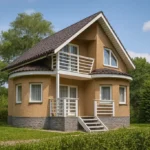 Проект дома «Л-110» из СИП-панелей, 110 м² — двухэтажный дом с бежевым фасадом, коричневой крышей и балконом | HotWell.KZ