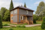 Проект дома «Л-122» из СИП-панелей, 122 м² — двухэтажный дом с серым фасадом, коричневой крышей и крытым крыльцом | HotWell.KZ