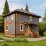 Проект дома «Л-122» из СИП-панелей, 122 м² — двухэтажный дом с серым фасадом, коричневой крышей и крытым крыльцом | HotWell.KZ