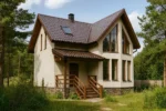 Проект дома «Л-128Б» из СИП-панелей, 128 м² — двухэтажный дом с бежевым фасадом, коричневой крышей и панорамными окнами | HotWell.KZ