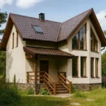 Проект дома «Л-128Б» из СИП-панелей, 128 м² — двухэтажный дом с бежевым фасадом, коричневой крышей и панорамными окнами | HotWell.KZ