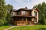 Проект дома «Л-137» из СИП-панелей, 137 м² — двухэтажный дом с бежевым фасадом, коричневой крышей и террасой | HotWell.KZ