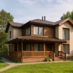 Проект дома «Л-137» из СИП-панелей, 137 м² — двухэтажный дом с бежевым фасадом, коричневой крышей и террасой | HotWell.KZ