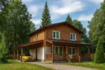 Проект дома «Л-142» из СИП-панелей, 142 м² — двухэтажный дом с деревянным фасадом, коричневой крышей и террасой | HotWell.KZ