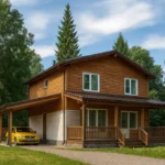 Проект дома «Л-142» из СИП-панелей, 142 м² — двухэтажный дом с деревянным фасадом, коричневой крышей и террасой | HotWell.KZ