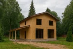 Дом «Л-142», 142 м², 1.5 этажа, в черновой отделке: коробка из СИП-панелей OSB-3, двускатная кровля из металлочерепицы, проёмы без окон и дверей, в проёмах видны сосновые балки перекрытия