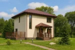 Проект дома «Л-147» из СИП-панелей, 147 м² — двухэтажный дом с бежевым фасадом, коричневой крышей и террасой | HotWell.KZ