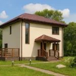Проект дома «Л-147» из СИП-панелей, 147 м² — двухэтажный дом с бежевым фасадом, коричневой крышей и террасой | HotWell.KZ