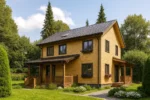 Проект дома «Л-150» из СИП-панелей, 150 м² — двухэтажный дом с деревянным фасадом, серой крышей и террасой | HotWell.KZ
