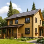 Проект дома «Л-150» из СИП-панелей, 150 м² — двухэтажный дом с деревянным фасадом, серой крышей и террасой | HotWell.KZ