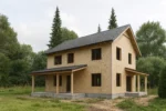 Дом «Л-150», 150 м², 2 этажа, в черновой отделке: коробка из СИП-панелей OSB-3, двускатная кровля из металлочерепицы, проёмы без окон и дверей, в проёмах видны сосновые балки перекрытия