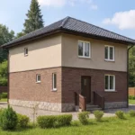 Проект дома «Л-150Б» из СИП-панелей, 150 м² — двухэтажный дом с кирпичным фасадом, черной крышей и крыльцом | HotWell.KZ