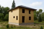 Дом «Л-150Б», 150 м², 2 этажа, в черновой отделке: коробка из СИП-панелей OSB-3, вальмовая кровля из металлочерепицы, проёмы без окон и дверей, в проёмах видны сосновые балки перекрытия