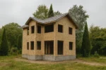 Дом «Л-150В», 150 м², 2 этажа, в черновой отделке: коробка из СИП-панелей OSB-3, двускатная кровля из металлочерепицы, проёмы без окон и дверей, в проёмах видны сосновые балки перекрытия