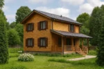 Проект дома «Л-153» из СИП-панелей, 153 м² — двухэтажный дом с деревянным фасадом, серой крышей и крытым крыльцом | HotWell.KZ