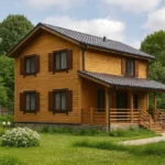 Проект дома «Л-153» из СИП-панелей, 153 м² — двухэтажный дом с деревянным фасадом, серой крышей и крытым крыльцом | HotWell.KZ