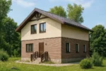 Проект дома «Л-153Б» из СИП-панелей, 153 м² — двухэтажный дом с бежевым фасадом, коричневой крышей и крыльцом | HotWell.KZ