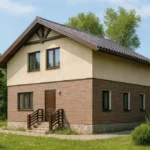 Проект дома «Л-153Б» из СИП-панелей, 153 м² — двухэтажный дом с бежевым фасадом, коричневой крышей и крыльцом | HotWell.KZ