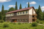 Проект дома «Л-1596» из СИП-панелей, 596 м² — двухэтажный дом с коричневым фасадом, красной крышей и балконом | HotWell.KZ