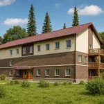 Проект дома «Л-1596» из СИП-панелей, 596 м² — двухэтажный дом с коричневым фасадом, красной крышей и балконом | HotWell.KZ