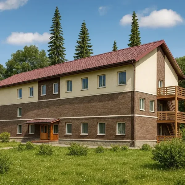 Проект дома «Л-1596» из СИП-панелей, 596 м² — двухэтажный дом с коричневым фасадом, красной крышей и балконом | HotWell.KZ