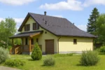 Проект дома «Л-161» из СИП-панелей, 161 м² — двухэтажный дом с жёлтым фасадом, коричневой крышей и крыльцом | HotWell.KZ