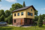 Проект дома «Л-162Б» из СИП-панелей, 162 м² — двухэтажный дом с жёлтым и коричневым фасадом и тёмной крышей | HotWell.KZ